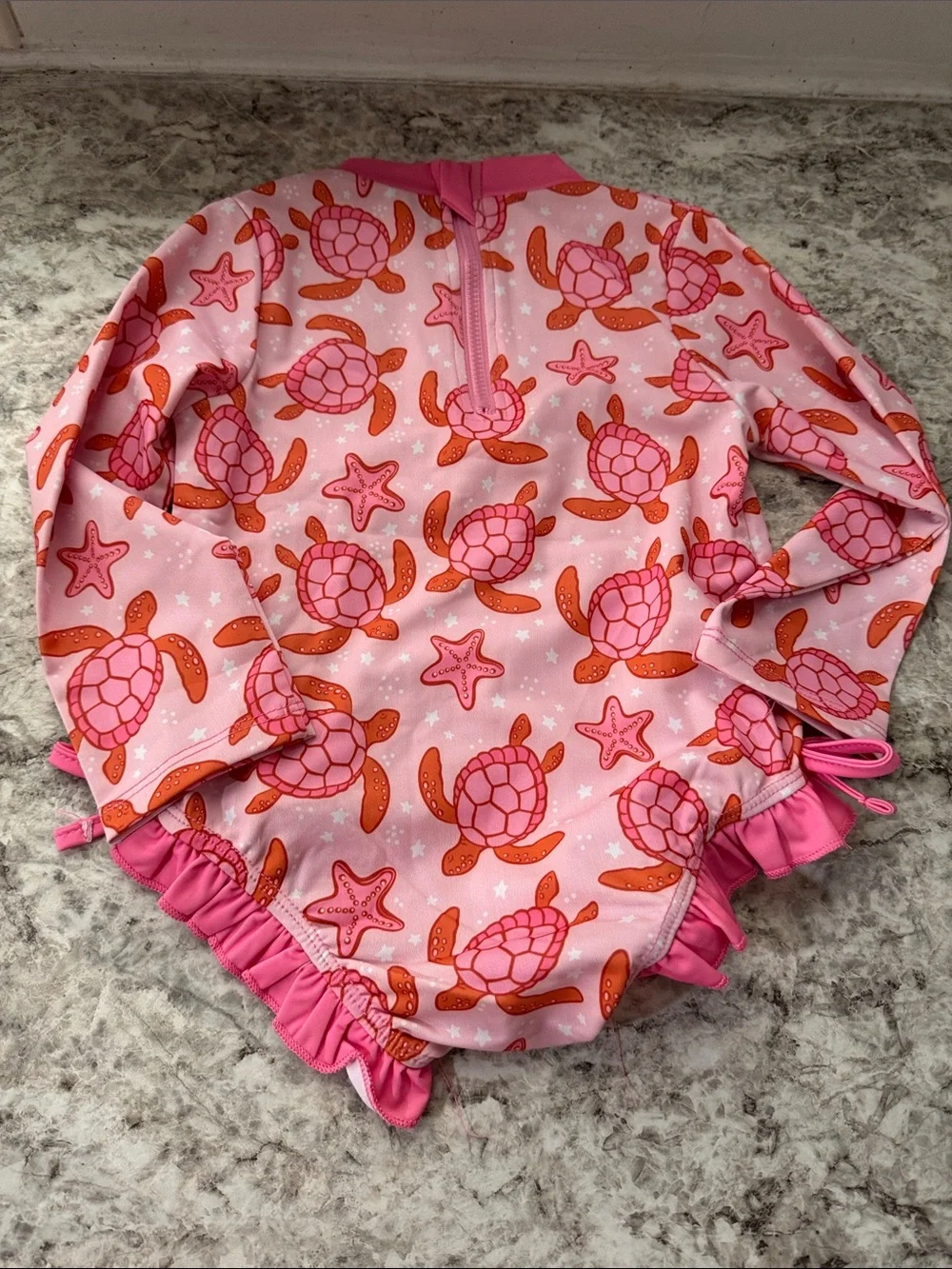 Girls' Pink Sea Turtle Long-Sleeve Rashguard Swimsuit